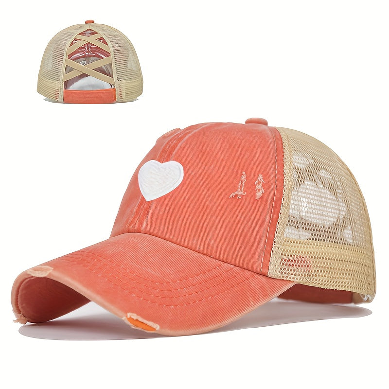 1pc Women's Adjustable Snapback Baseball Cap with Heart Embroidery & Ripped Details - Breathable Mesh Trucker Hat, Ponytail Hole for Outdoor Sports, Golf, Valentine's Day Gifts, Casual Sportswear, Durable Headwear