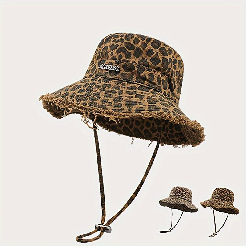 Women'S Lightweight Leopard Print Bucket Hat with Frayed Edge & Adjustable Strap - Wide Brim Sun Hat for Beach, Concerts, Casual Outings - Stylish Outdoor Accessory, Beach Hat