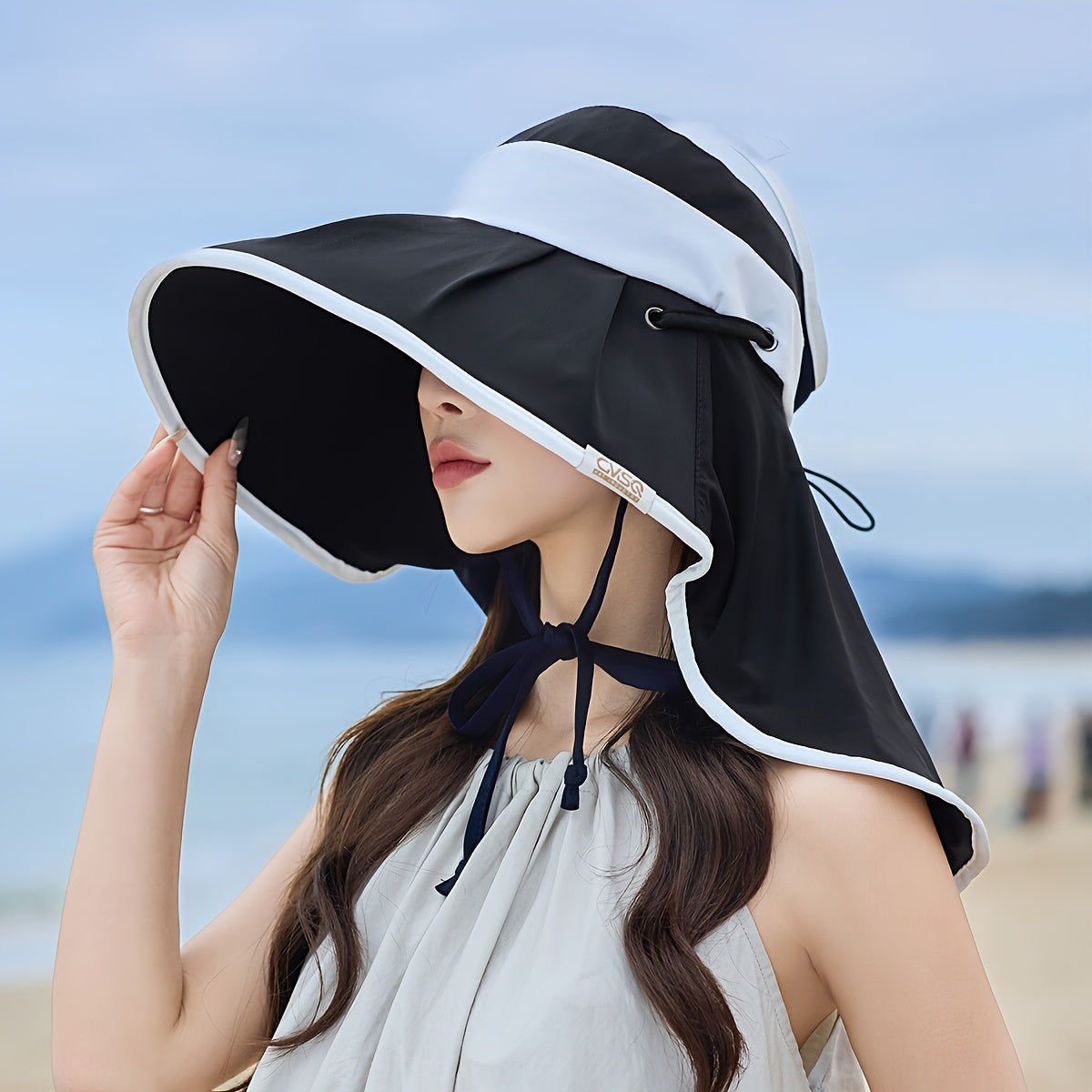 Women'S Stylish Sun Hat with Adjustable Drawstring - Lightweight, Breathable Polyester Visor Cap for Beach, Travel, and Casual Wear - Black and White Design, Wide Brim for Sun Protection, Travel Hat