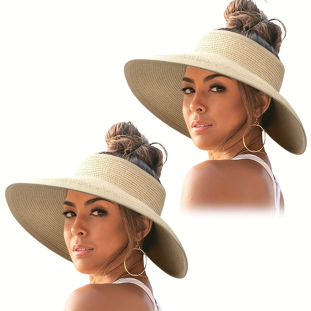 2pcs Women's Straw Sun Visor Hats Wide Brim Packable Foldable Breathable Summer Beach Hats for Outdoor Travel, Ponytail Roll-Up Design, Hand Washable, Foldable Sun Hat, Casual, Versatile Fashion Accessory, Handwashable Fabric