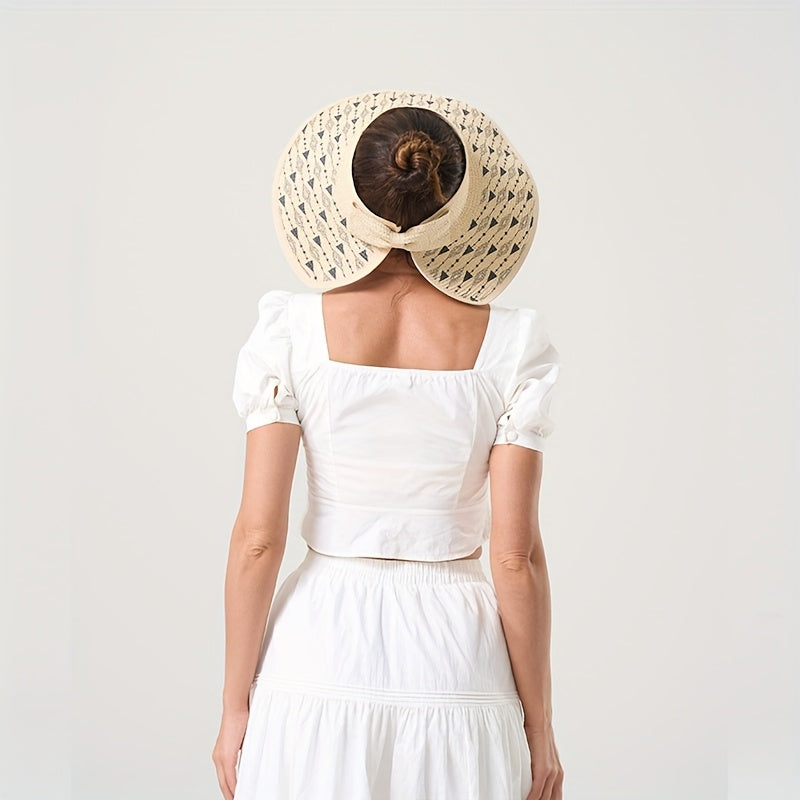 1pc Stylish Geometric Print Beach Hat - Lightweight Paper Straw Sun Visor for Spring & Summer, Perfect for Seaside Vacations, Hand Wash Only, Vacation Accessory|Elastic Visor Design|Strapless Desig