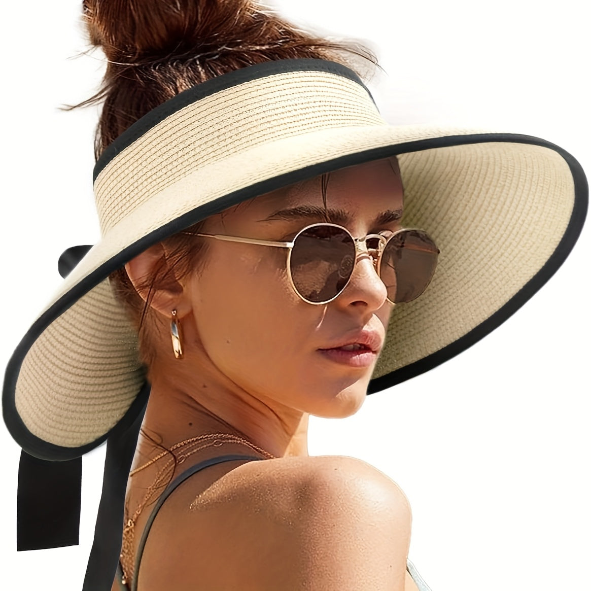 CAMPTRACE Women'S Wide Brim Sun Visor Hat - Foldable Lightweight Straw Beach Hat with Black Trim & Bow Detail, Packable Summer Accessory for Outdoor, Camping, Poolside, Beach Hat, Elegant Accessory, Paper Material