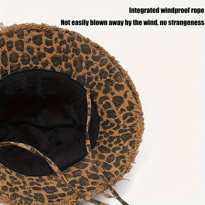 Women'S Lightweight Leopard Print Bucket Hat with Frayed Edge & Adjustable Strap - Wide Brim Sun Hat for Beach, Concerts, Casual Outings - Stylish Outdoor Accessory, Beach Hat