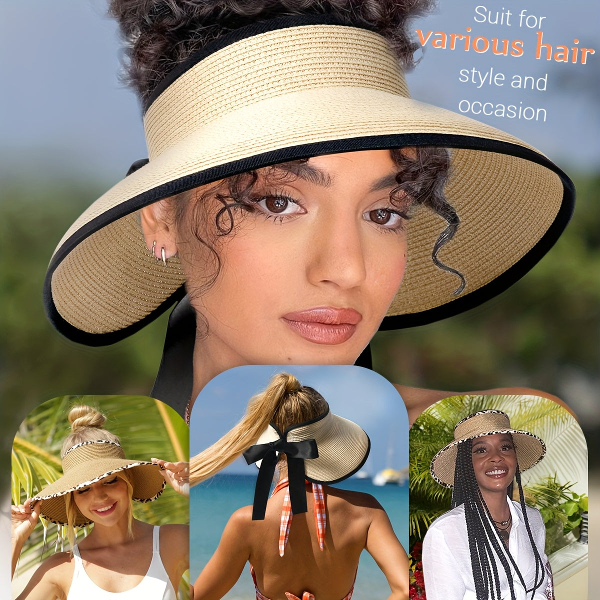 CAMPTRACE Women'S Wide Brim Sun Visor Hat - Foldable Lightweight Straw Beach Hat with Black Trim & Bow Detail, Packable Summer Accessory for Outdoor, Camping, Poolside, Beach Hat, Elegant Accessory, Paper Material