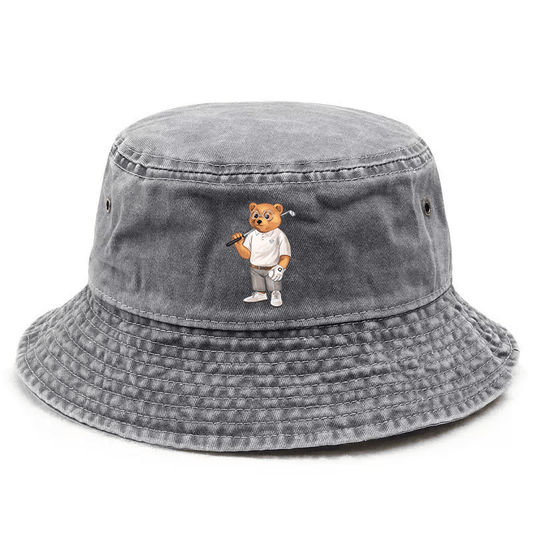Adjustable Unisex Bucket Hat with Golf Bear Graphic Print - Street Style Outdoor Cap for Hiking, Camping, Casual Wear - Durable & Stylish Design
