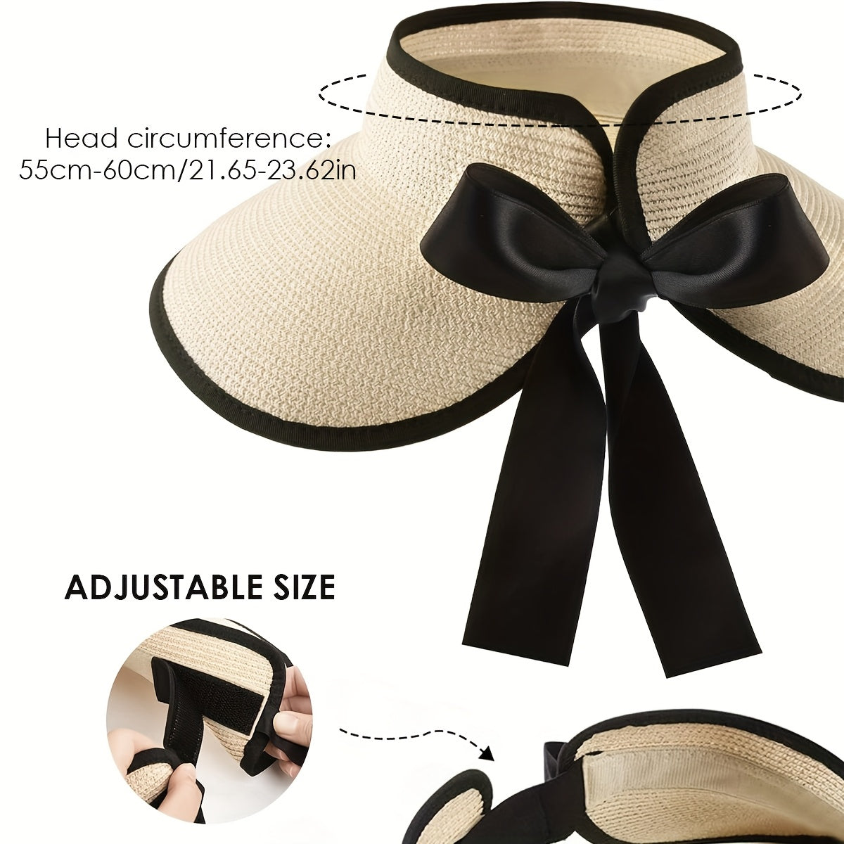 CAMPTRACE Women'S Wide Brim Sun Visor Hat - Foldable Lightweight Straw Beach Hat with Black Trim & Bow Detail, Packable Summer Accessory for Outdoor, Camping, Poolside, Beach Hat, Elegant Accessory, Paper Material