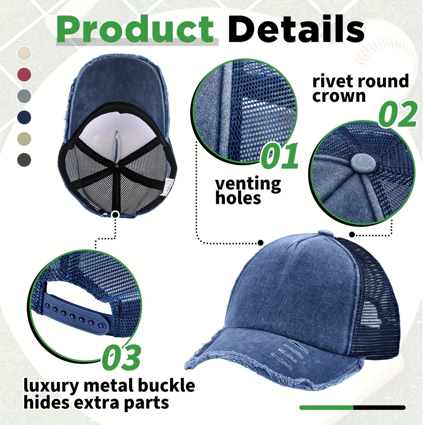 24 Top Vintage Mesh Baseball Cap Loose Pack Adjustable Dad Hat Suitable for Men and Women, Suitable for Golf, Truck, Fishing