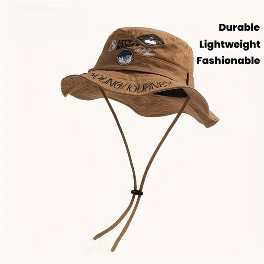 Women's Lightweight Embroidered Fisherman Bucket Hat - Adjustable Drawstring, Machine Washable, Outdoor Sun Hat for Camping Hiking Beach, Fashionable Design in Earthy Brown & Black, Beach Accessory, Casual Headwear, Durable Construction, Casual Wearers