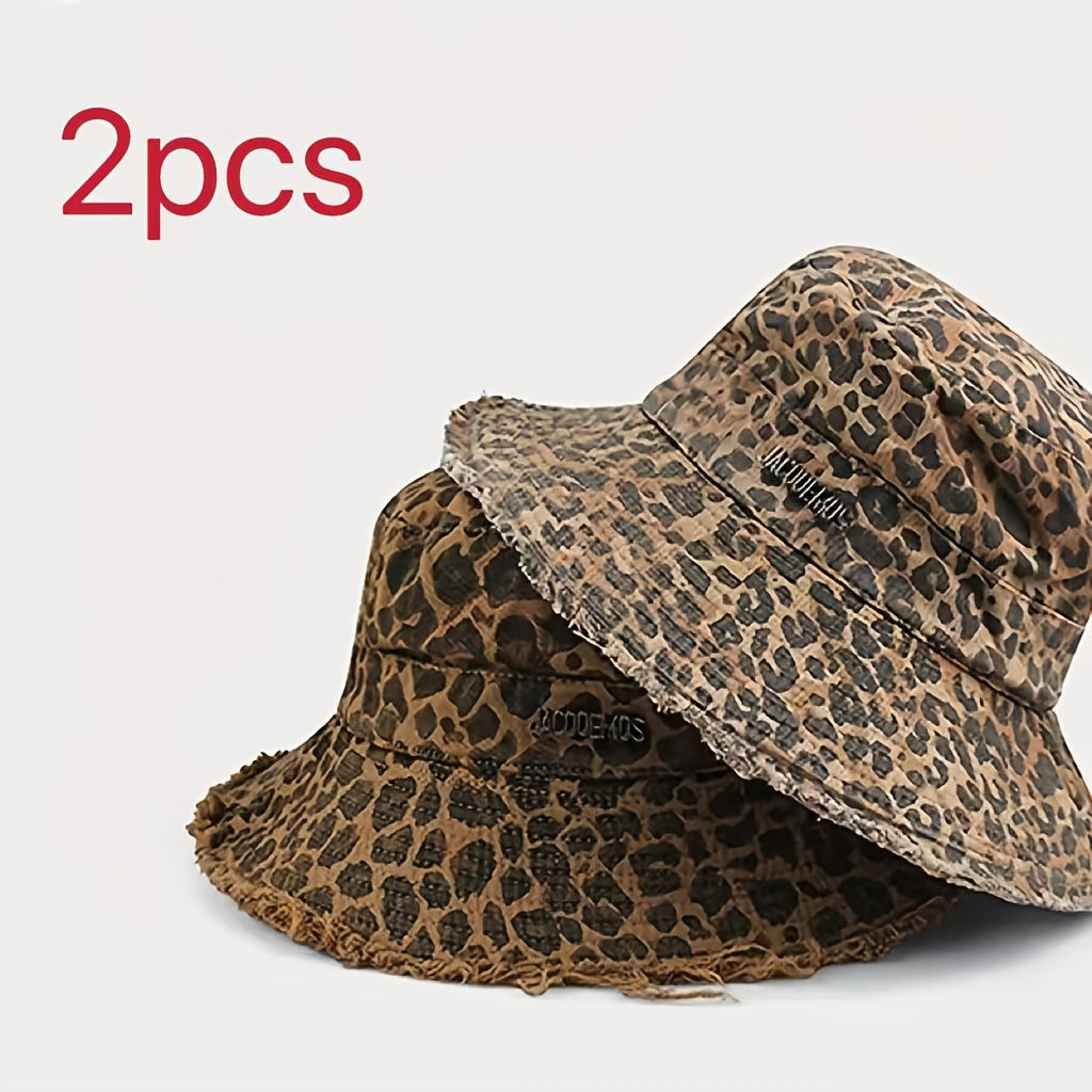 Women'S Lightweight Leopard Print Bucket Hat with Frayed Edge & Adjustable Strap - Wide Brim Sun Hat for Beach, Concerts, Casual Outings - Stylish Outdoor Accessory, Beach Hat