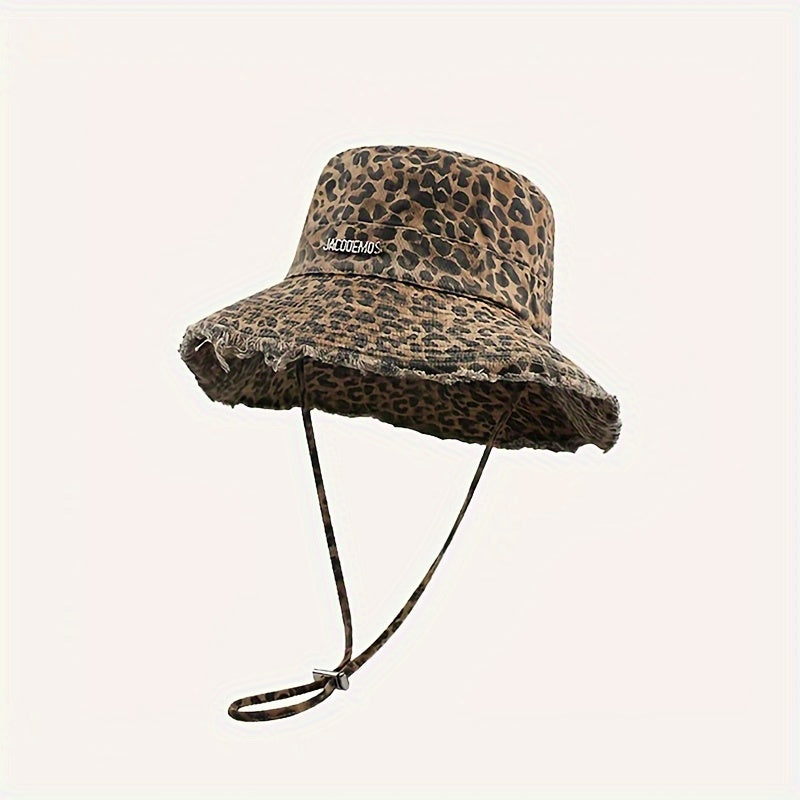 Women'S Lightweight Leopard Print Bucket Hat with Frayed Edge & Adjustable Strap - Wide Brim Sun Hat for Beach, Concerts, Casual Outings - Stylish Outdoor Accessory, Beach Hat