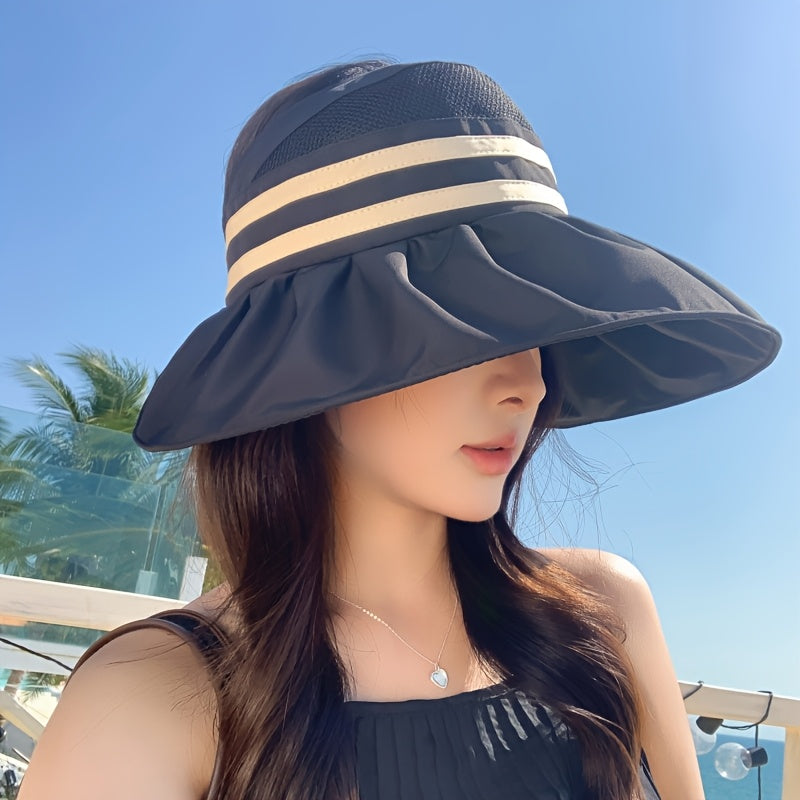 1 Summer Women's Tie-Bow Ponytail Open Top Hat, Mesh Breathable Wide Brim Fisherman Hat for Women, New Outdoor Full Face Large Brim Half-Open Sun Hat, Striped Wide Brim Fishing Cap with Foldable Visor