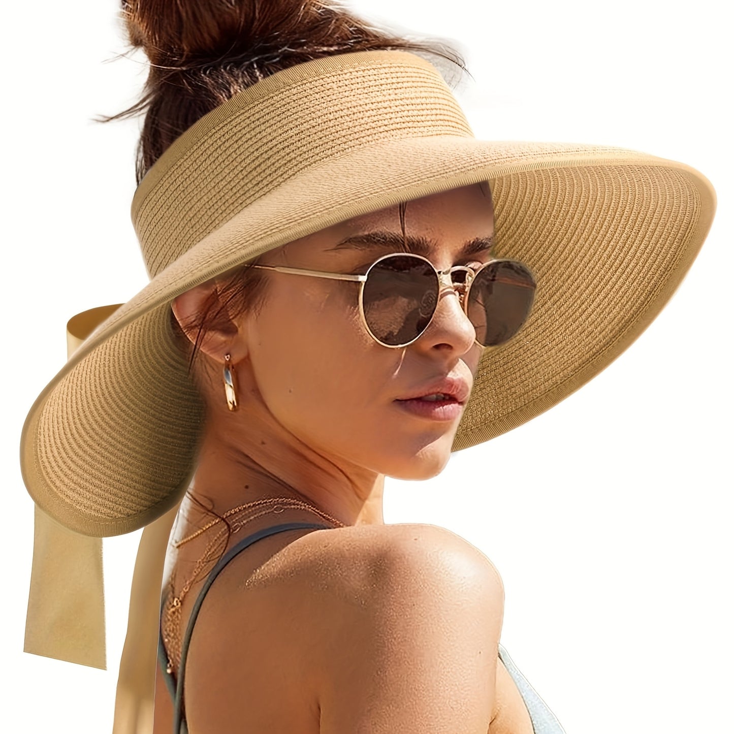 CAMPTRACE Women'S Wide Brim Sun Visor Hat - Foldable Lightweight Straw Beach Hat with Black Trim & Bow Detail, Packable Summer Accessory for Outdoor, Camping, Poolside, Beach Hat, Elegant Accessory, Paper Material