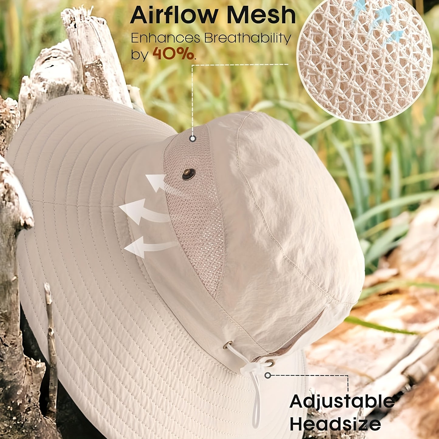 2pcs Women's Wide Brim Sun Hats with Ponytail Hole - Light Gray Breathable Mesh Bucket Hat for Beach, Hiking, Fishing & Outdoor Summer Sunshade, Foldable Design, Hat for, Beach Sunshade, Stylish Bucket Hat, Construction, Secure Fit Elastic