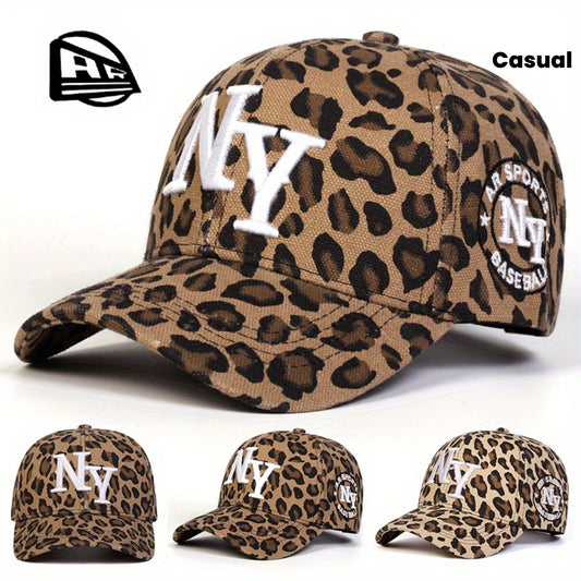 AR Women's NY Leopard Print Baseball Cap - Adjustable Sun Protection Hat with Snap Closure, Wide Brim for Outdoor Travel, Beach Parties & Casual Wear, Beach Party Accessory | Sporty Baseball Cap | Woven Cap, Beach Hat