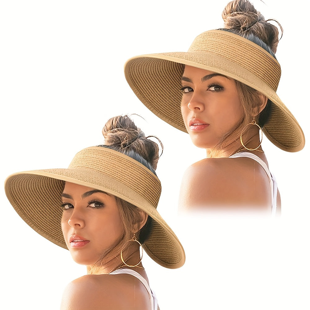 2pcs Women's Straw Sun Visor Hats Wide Brim Packable Foldable Breathable Summer Beach Hats for Outdoor Travel, Ponytail Roll-Up Design, Hand Washable, Foldable Sun Hat, Casual, Versatile Fashion Accessory, Handwashable Fabric