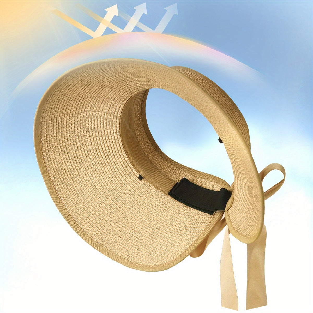 CAMPTRACE Women'S Wide Brim Sun Visor Hat - Foldable Lightweight Straw Beach Hat with Black Trim & Bow Detail, Packable Summer Accessory for Outdoor, Camping, Poolside, Beach Hat, Elegant Accessory, Paper Material