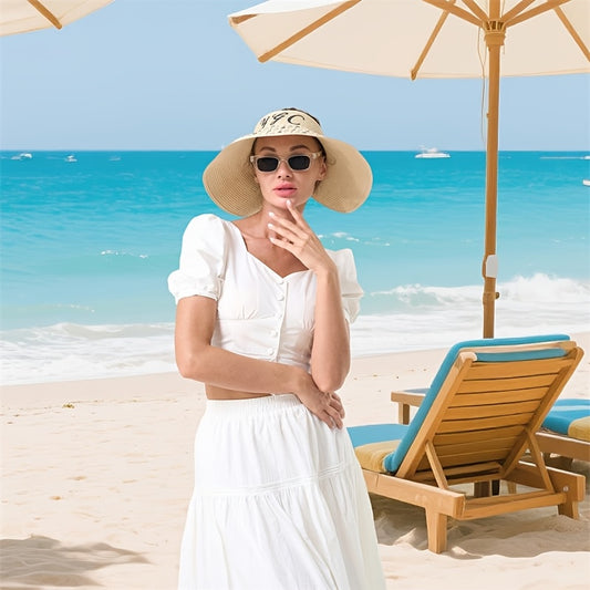 1pc Stylish Geometric Print Beach Hat - Lightweight Paper Straw Sun Visor for Spring & Summer, Perfect for Seaside Vacations, Hand Wash Only, Vacation Accessory|Elastic Visor Design|Strapless Desig