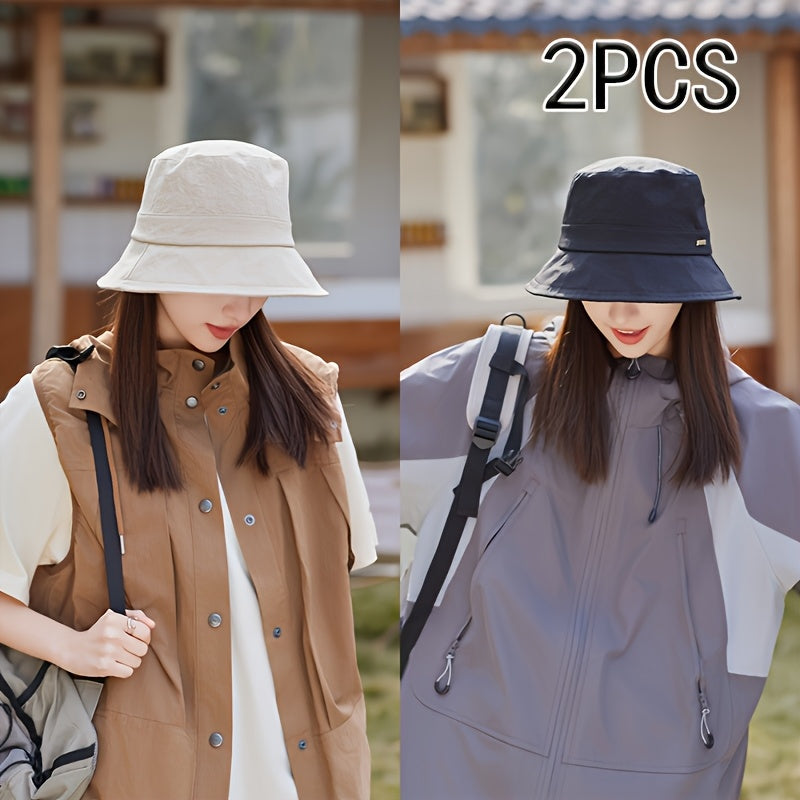2pcs Women's Foldable Fishing Hats with Metal Wave Logo - Elastic Bucket Hats for Spring\u002FSummer, Lightweight Polyester (White & Black) for Hiking, Park Walks & Beach Outings, Outdoor Accessories, Korean Fashion Hat, Adjustable Hat