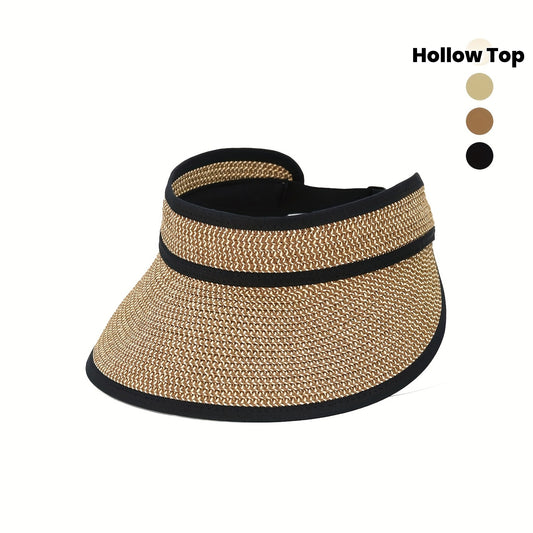 French Chic Adjustable Two-Tone Sun Hat - Lightweight Breathable Straw-Style Design with Hollow Top for Outdoor Travel, Camping, Beach & Picnics