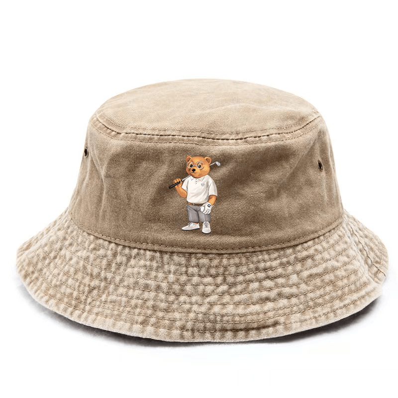 Adjustable Unisex Bucket Hat with Golf Bear Graphic Print - Street Style Outdoor Cap for Hiking, Camping, Casual Wear - Durable & Stylish Design