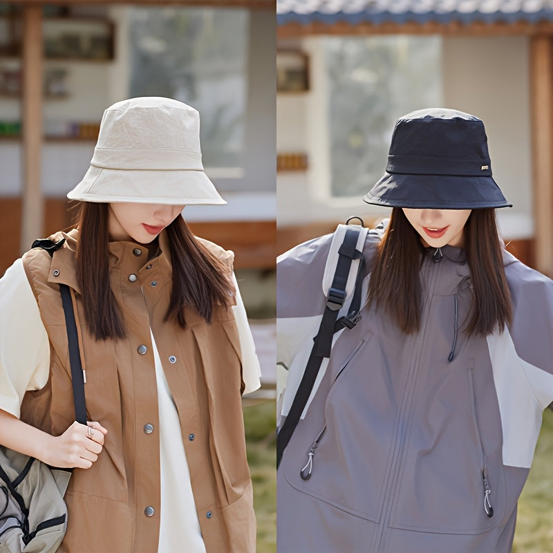 2pcs Women's Foldable Fishing Hats with Metal Wave Logo - Elastic Bucket Hats for Spring\u002FSummer, Lightweight Polyester (White & Black) for Hiking, Park Walks & Beach Outings, Outdoor Accessories, Korean Fashion Hat, Adjustable Hat