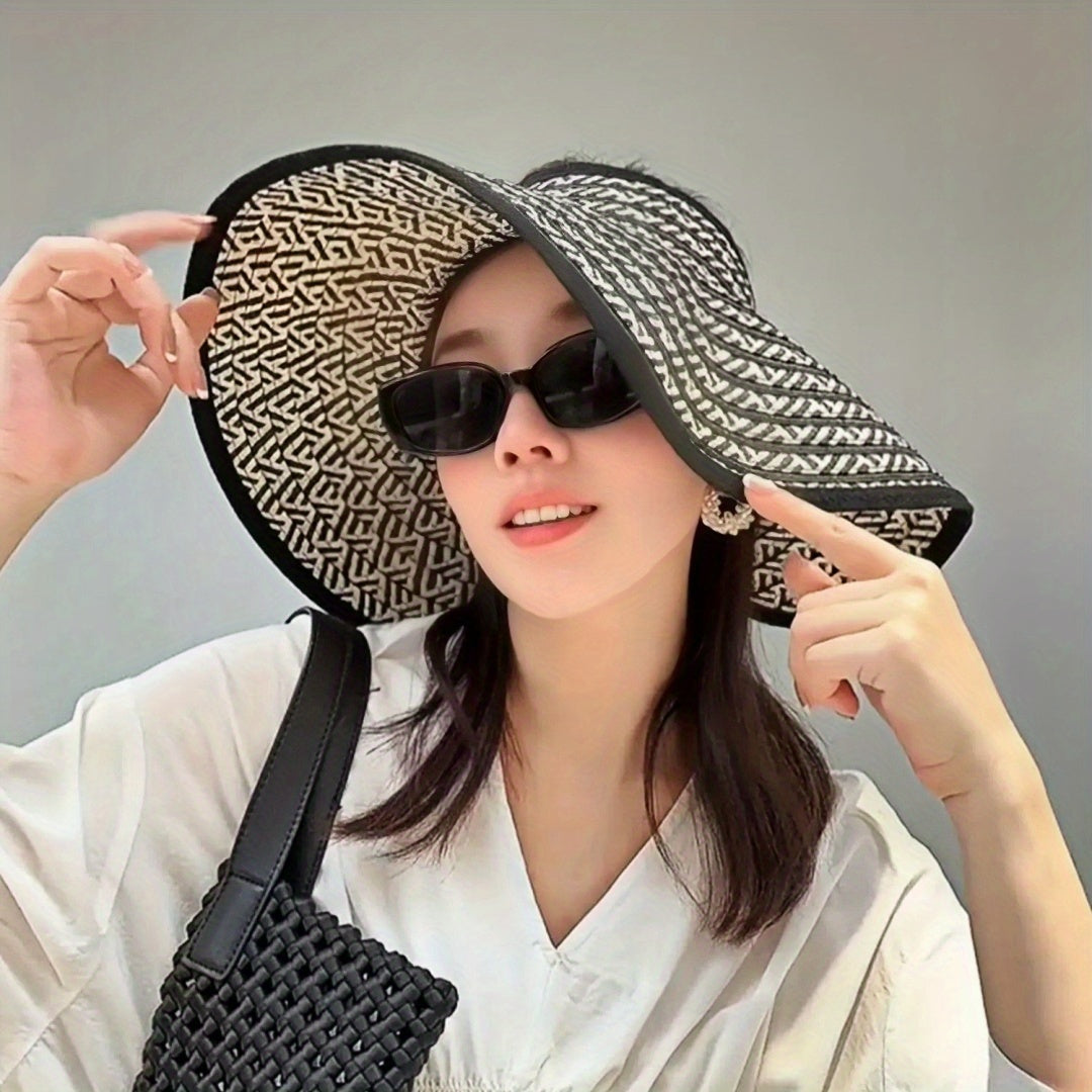 Stylish Sun Hat Lightweight Foldable Women's Wide Brim Sun Hat | Black & White Geometric Pattern, Breathable Summer Beach Hat for Outdoor Activities, Vacation Accessories, Stylish Durable Headwear