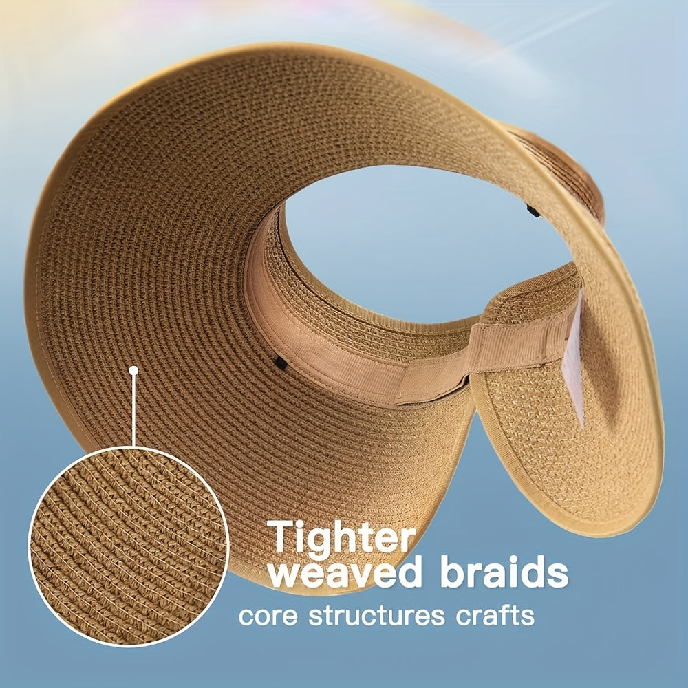 2pcs Women's Straw Sun Visor Hats Wide Brim Packable Foldable Breathable Summer Beach Hats for Outdoor Travel, Ponytail Roll-Up Design, Hand Washable, Foldable Sun Hat, Casual, Versatile Fashion Accessory, Handwashable Fabric