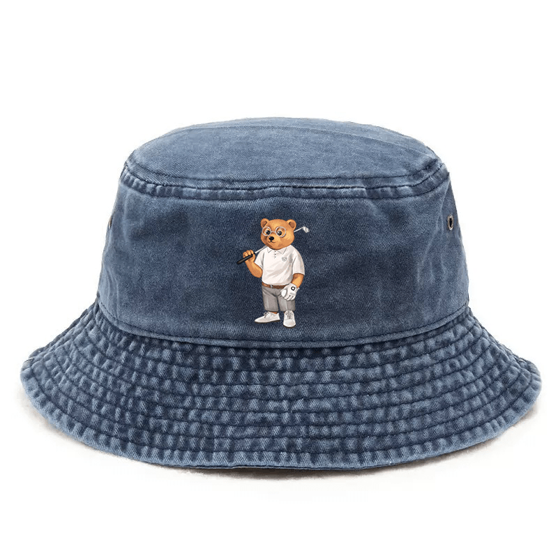 Adjustable Unisex Bucket Hat with Golf Bear Graphic Print - Street Style Outdoor Cap for Hiking, Camping, Casual Wear - Durable & Stylish Design