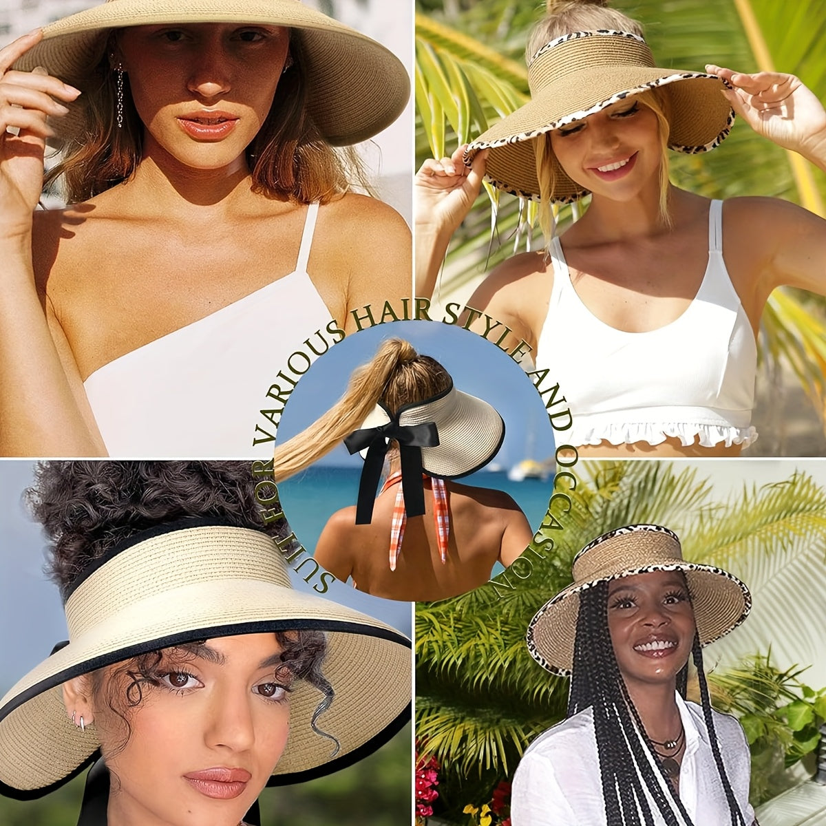 CAMPTRACE Women'S Wide Brim Sun Visor Hat - Foldable Lightweight Straw Beach Hat with Black Trim & Bow Detail, Packable Summer Accessory for Outdoor, Camping, Poolside, Beach Hat, Elegant Accessory, Paper Material