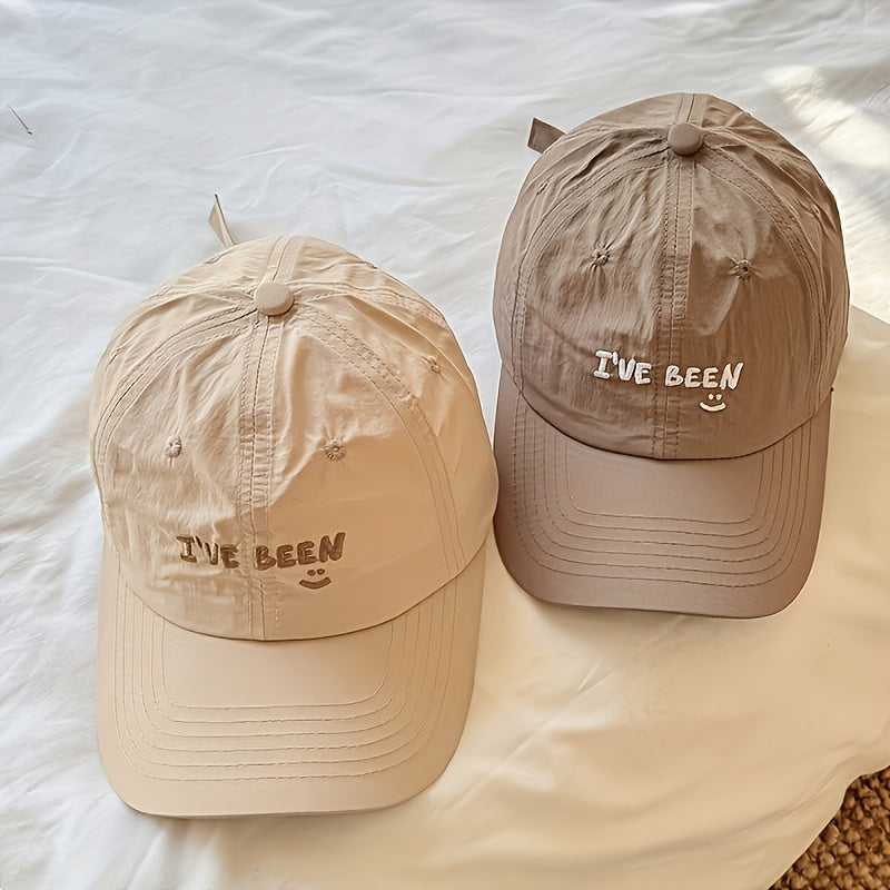 2pcs Baseball Cap Set, Beige + Khaki Quick-Dry Letter IVE Been Embroidered joyful Face Thin Breathable Caps for Men and Women, Suitable for Outdoor Hiking, Camping, Beach Outings, Street Drawing, Playing Ball