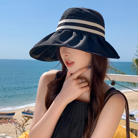 1 Summer Women's Tie-Bow Ponytail Open Top Hat, Mesh Breathable Wide Brim Fisherman Hat for Women, New Outdoor Full Face Large Brim Half-Open Sun Hat, Striped Wide Brim Fishing Cap with Foldable Visor