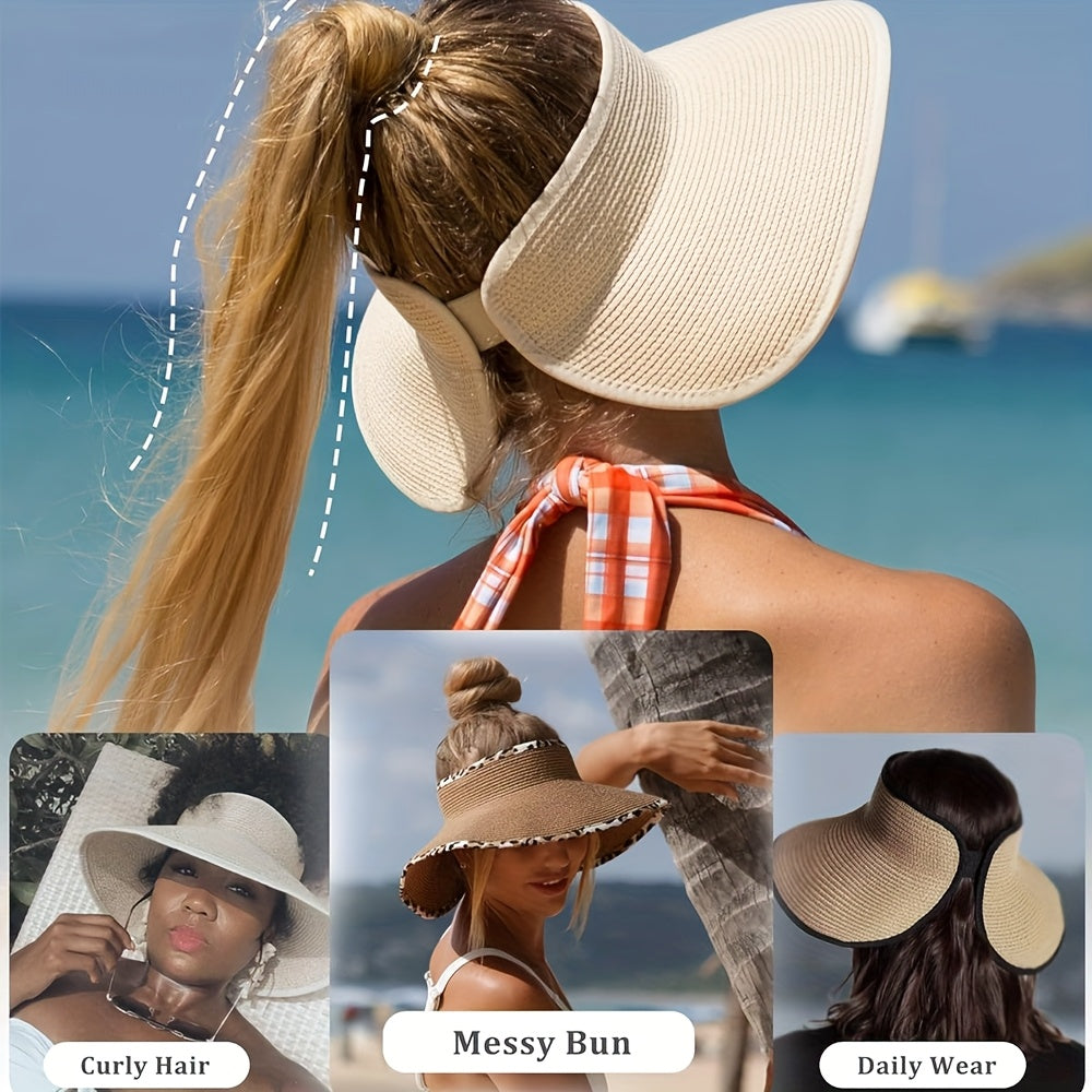 2pcs Women's Straw Sun Visor Hats Wide Brim Packable Foldable Breathable Summer Beach Hats for Outdoor Travel, Ponytail Roll-Up Design, Hand Washable, Foldable Sun Hat, Casual, Versatile Fashion Accessory, Handwashable Fabric