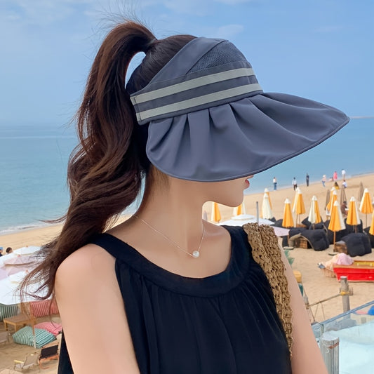 1 Summer Women's Tie-Bow Ponytail Open Top Hat, Mesh Breathable Wide Brim Fisherman Hat for Women, New Outdoor Full Face Large Brim Half-Open Sun Hat, Striped Wide Brim Fishing Cap with Foldable Visor