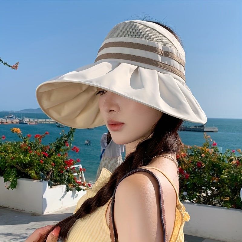 1 Summer Women's Tie-Bow Ponytail Open Top Hat, Mesh Breathable Wide Brim Fisherman Hat for Women, New Outdoor Full Face Large Brim Half-Open Sun Hat, Striped Wide Brim Fishing Cap with Foldable Visor