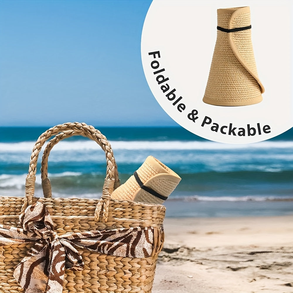 2pcs Women's Straw Sun Visor Hats Wide Brim Packable Foldable Breathable Summer Beach Hats for Outdoor Travel, Ponytail Roll-Up Design, Hand Washable, Foldable Sun Hat, Casual, Versatile Fashion Accessory, Handwashable Fabric