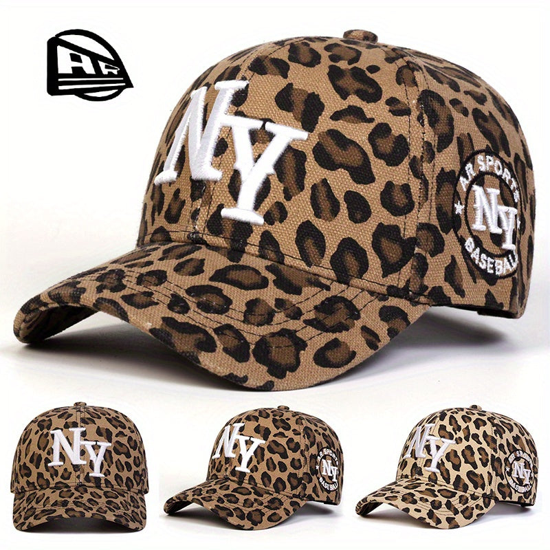 AR Women's NY Leopard Print Baseball Cap - Adjustable Sun Protection Hat with Snap Closure, Wide Brim for Outdoor Travel, Beach Parties & Casual Wear, Beach Party Accessory | Sporty Baseball Cap | Woven Cap, Beach Hat