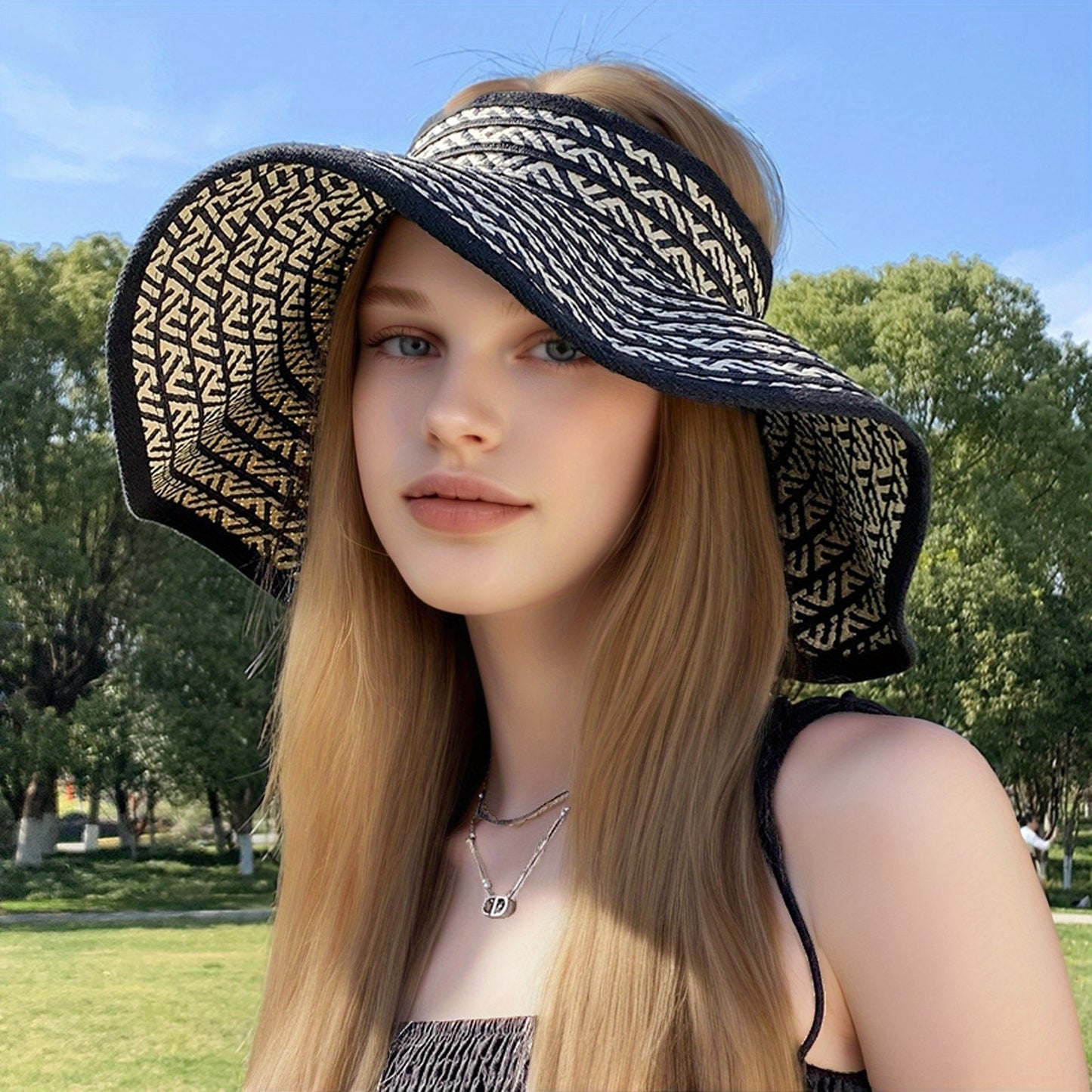 Stylish Sun Hat Lightweight Foldable Women's Wide Brim Sun Hat | Black & White Geometric Pattern, Breathable Summer Beach Hat for Outdoor Activities, Vacation Accessories, Stylish Durable Headwear