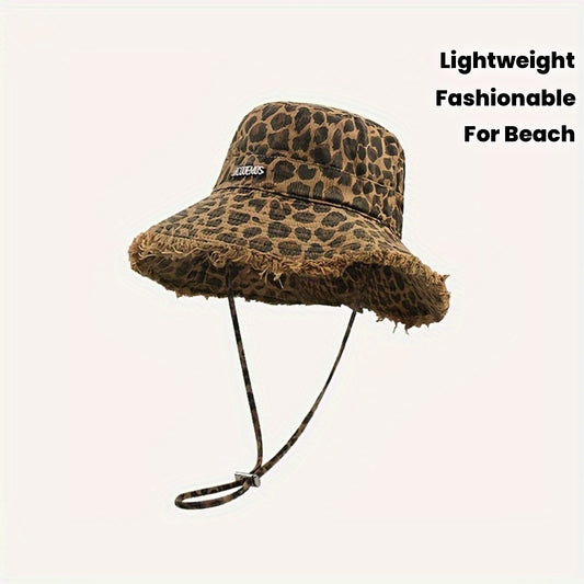 Women'S Lightweight Leopard Print Bucket Hat with Frayed Edge & Adjustable Strap - Wide Brim Sun Hat for Beach, Concerts, Casual Outings - Stylish Outdoor Accessory, Beach Hat