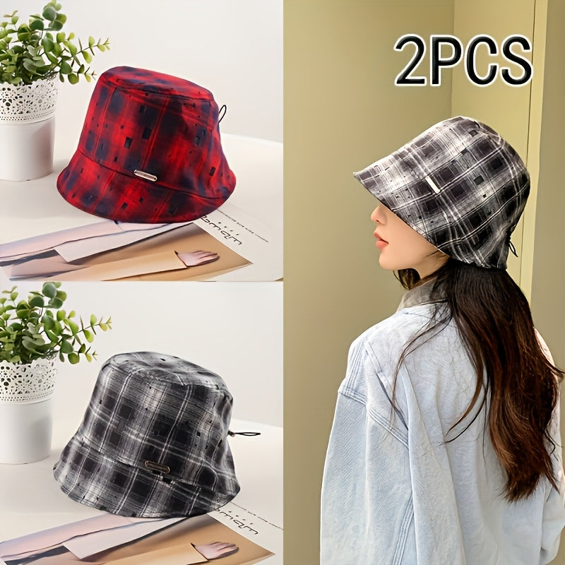 2pcs 2025 Spring Autumn New Fisherman Hat Black+Red, Round Face Suitable, Personality Bucket Hat with Narrow Brim, Versatile Plaid Bucket Hat for Daily Outings, Polyester Fiber