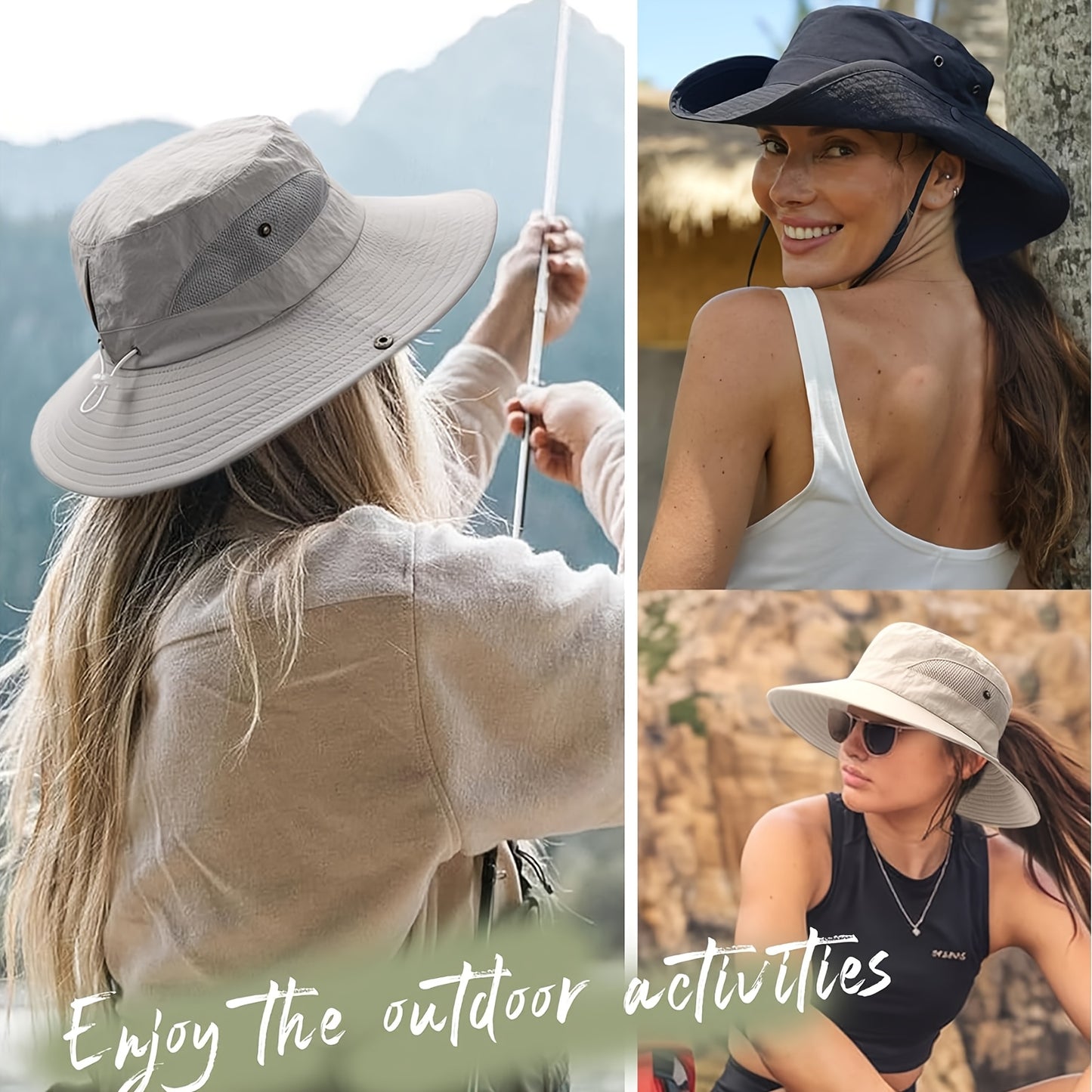 2pcs Women's Wide Brim Sun Hats with Ponytail Hole - Light Gray Breathable Mesh Bucket Hat for Beach, Hiking, Fishing & Outdoor Summer Sunshade, Foldable Design, Hat for, Beach Sunshade, Stylish Bucket Hat, Construction, Secure Fit Elastic