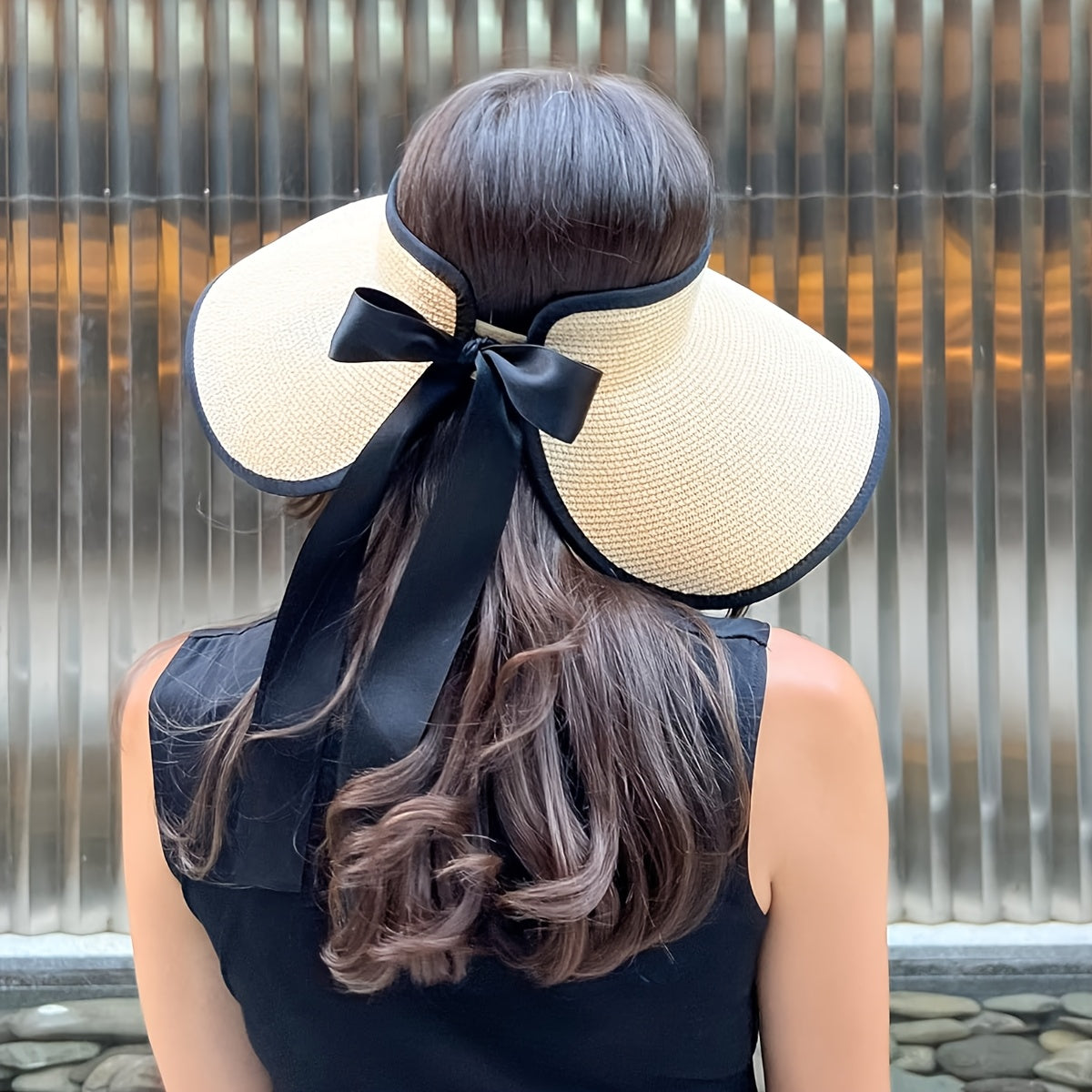 CAMPTRACE Women'S Wide Brim Sun Visor Hat - Foldable Lightweight Straw Beach Hat with Black Trim & Bow Detail, Packable Summer Accessory for Outdoor, Camping, Poolside, Beach Hat, Elegant Accessory, Paper Material