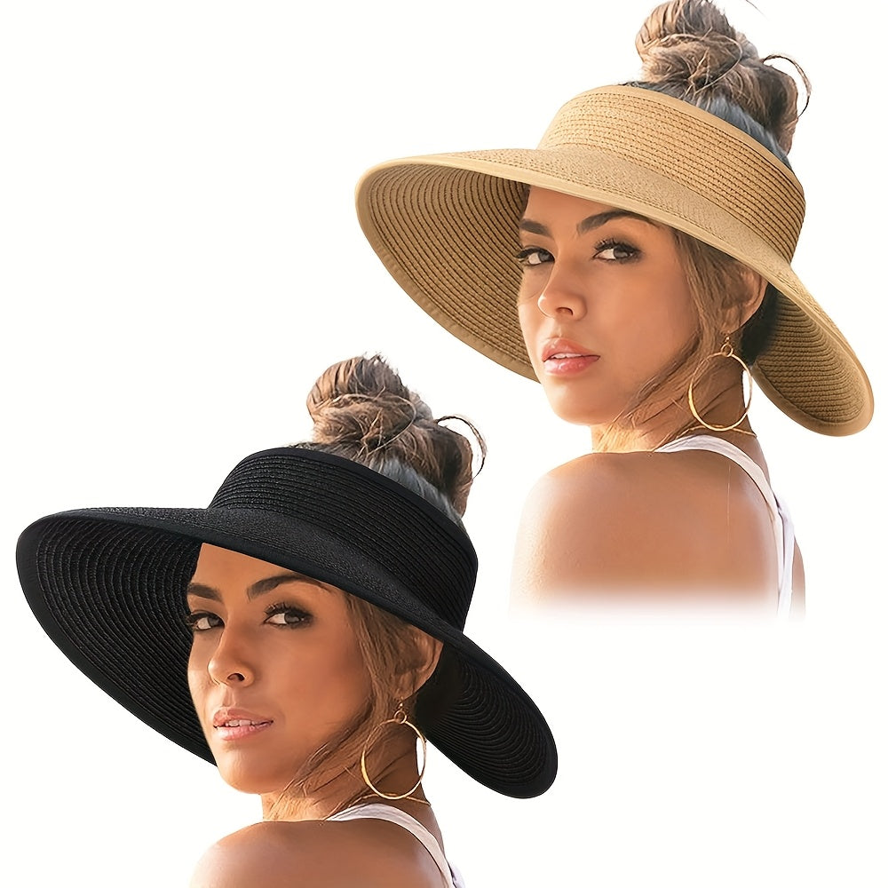 2pcs Women's Straw Sun Visor Hats Wide Brim Packable Foldable Breathable Summer Beach Hats for Outdoor Travel, Ponytail Roll-Up Design, Hand Washable, Foldable Sun Hat, Casual, Versatile Fashion Accessory, Handwashable Fabric
