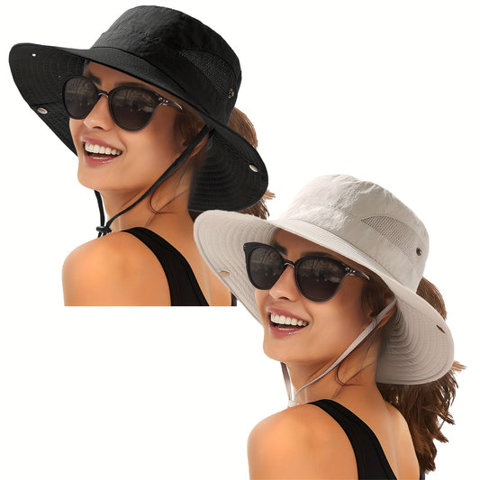 2pcs Women's Wide Brim Sun Hats with Ponytail Hole - Light Gray Breathable Mesh Bucket Hat for Beach, Hiking, Fishing & Outdoor Summer Sunshade, Foldable Design, Hat for, Beach Sunshade, Stylish Bucket Hat, Construction, Secure Fit Elastic