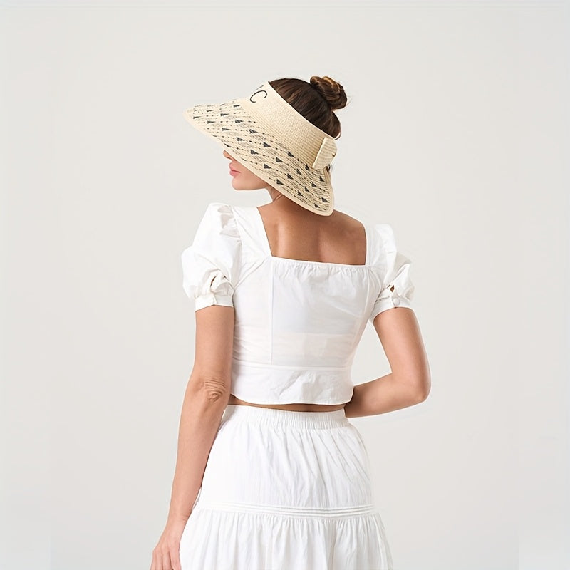 1pc Stylish Geometric Print Beach Hat - Lightweight Paper Straw Sun Visor for Spring & Summer, Perfect for Seaside Vacations, Hand Wash Only, Vacation Accessory|Elastic Visor Design|Strapless Desig