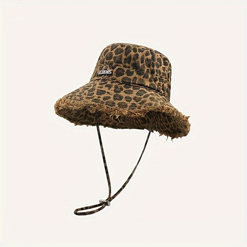 Women'S Lightweight Leopard Print Bucket Hat with Frayed Edge & Adjustable Strap - Wide Brim Sun Hat for Beach, Concerts, Casual Outings - Stylish Outdoor Accessory, Beach Hat