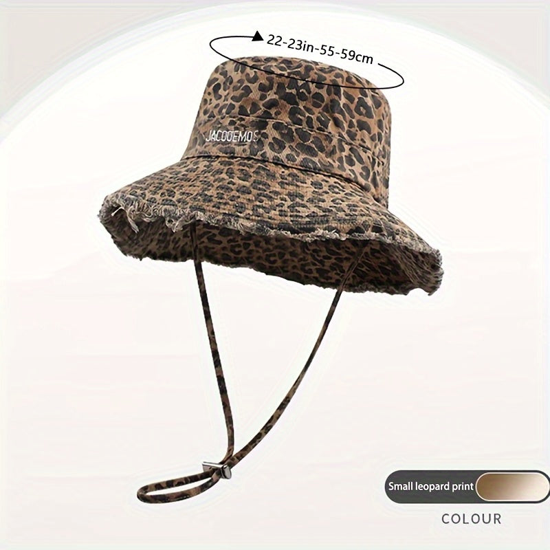 Women'S Lightweight Leopard Print Bucket Hat with Frayed Edge & Adjustable Strap - Wide Brim Sun Hat for Beach, Concerts, Casual Outings - Stylish Outdoor Accessory, Beach Hat