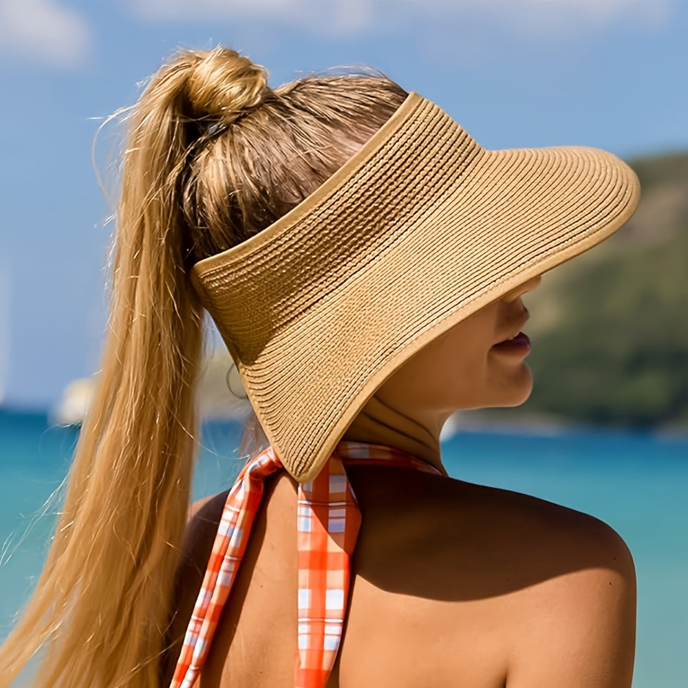 2pcs Women's Straw Sun Visor Hats Wide Brim Packable Foldable Breathable Summer Beach Hats for Outdoor Travel, Ponytail Roll-Up Design, Hand Washable, Foldable Sun Hat, Casual, Versatile Fashion Accessory, Handwashable Fabric