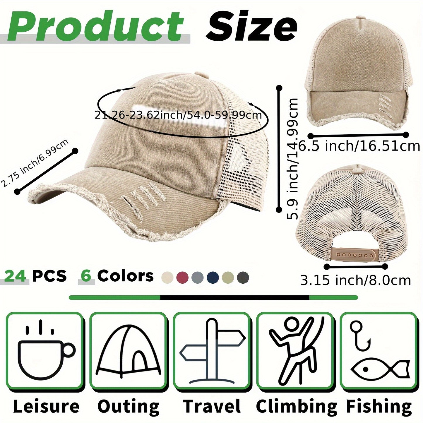 24 Top Vintage Mesh Baseball Cap Loose Pack Adjustable Dad Hat Suitable for Men and Women, Suitable for Golf, Truck, Fishing