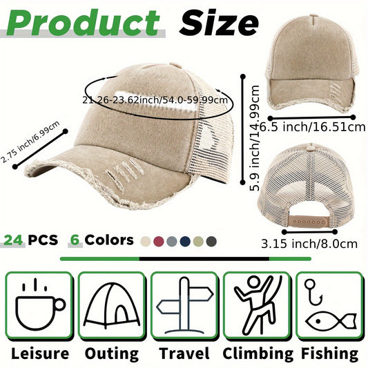24 Top Vintage Mesh Baseball Cap Loose Pack Adjustable Dad Hat Suitable for Men and Women, Suitable for Golf, Truck, Fishing