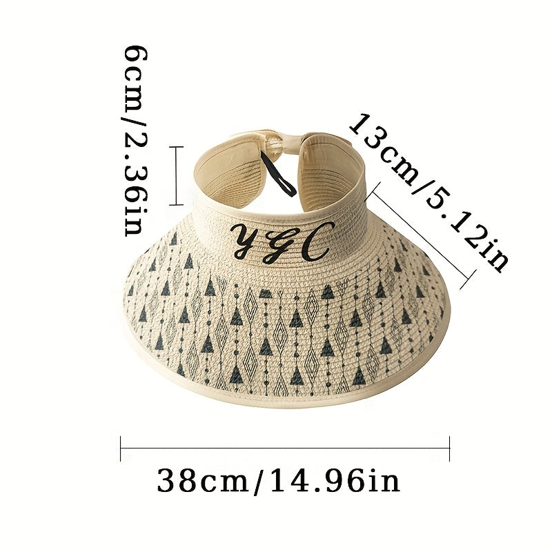 1pc Stylish Geometric Print Beach Hat - Lightweight Paper Straw Sun Visor for Spring & Summer, Perfect for Seaside Vacations, Hand Wash Only, Vacation Accessory|Elastic Visor Design|Strapless Desig